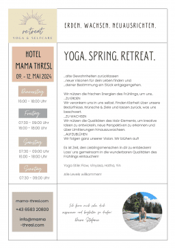 Flyer yoga. selfcare. retreat mit Leistungen, Preisen und Beschreibungen